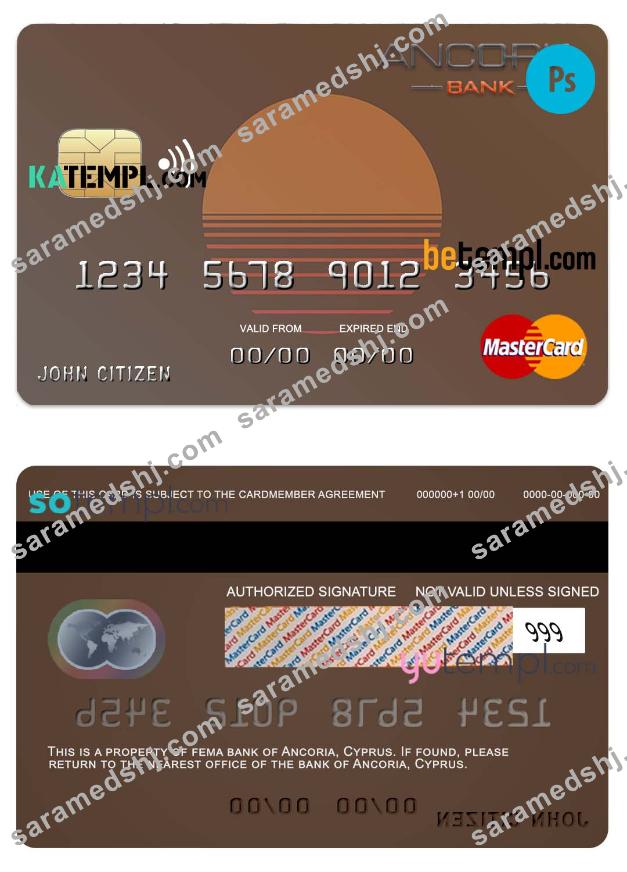 Cyprus Ancoria bank mastercard template in PSD format, fully editable